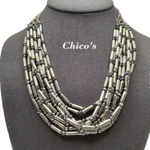 CHICO'S Silver Metal Crystal Bead Layered Multi Strand STATEMENT NECKLACE NWT